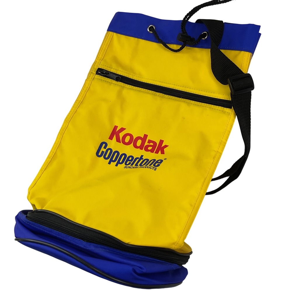 Kodak Coppertone Beach Bag Cooler Yellow Blue Mesh Drawstring Backpack vintage